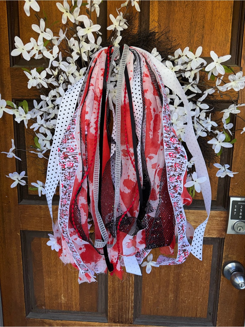 Red & White Decorative Ribbon Wreath - Alligator clip- Full layered Halloween